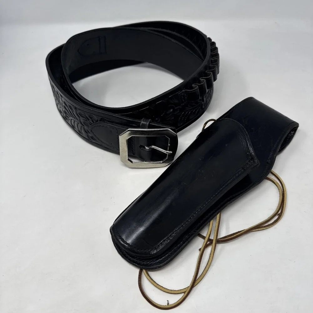 Hunter Hand‎ Carved Revolver Cartridge Belt w/Bucheimer Holster Black Sz Lg LH